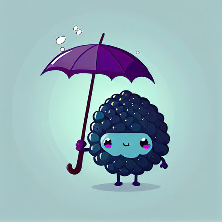 cute marionberry cartoon character standing under an umbrella, cartoon style, modern simple illustrationの写真素材