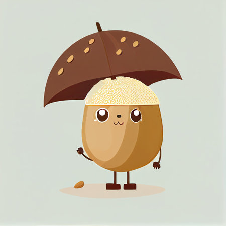 cute nutmeg cartoon character standing under an umbrella, cartoon style, modern simple illustrationの写真素材