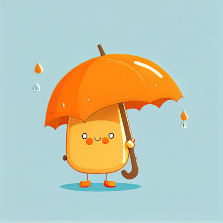 cute orange cartoon character standing under an umbrella, cartoon style, modern simple illustrationの写真素材