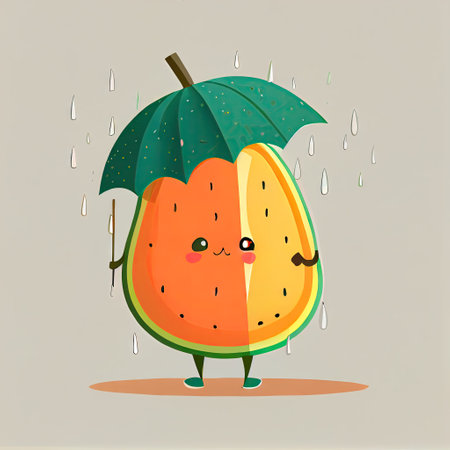 cute papaya cartoon character standing under an umbrella, cartoon style, modern simple illustrationの写真素材