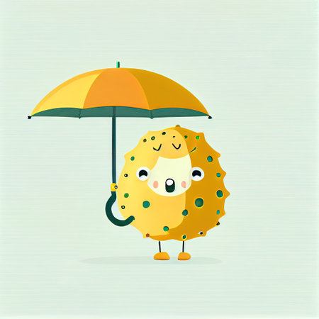 cute passionfruit cartoon character standing under an umbrella, cartoon style, modern simple illustrationの写真素材