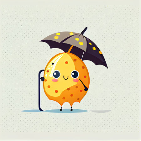 cute passionfruit cartoon character standing under an umbrella, cartoon style, modern simple illustrationの写真素材