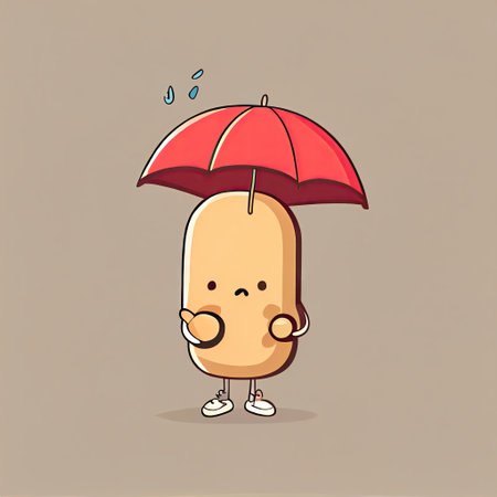 cute peanut cartoon character standing under an umbrella, cartoon style, modern simple illustrationの写真素材