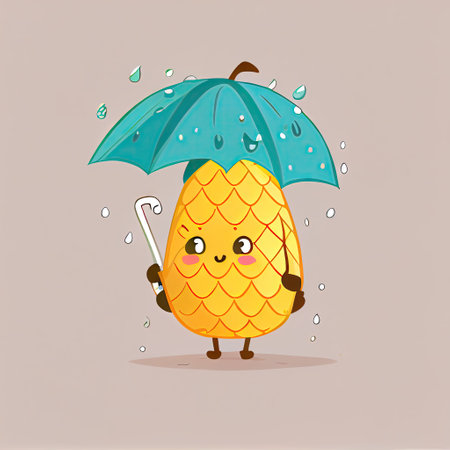 cute pineapple cartoon character standing under an umbrella, cartoon style, modern simple illustrationの写真素材