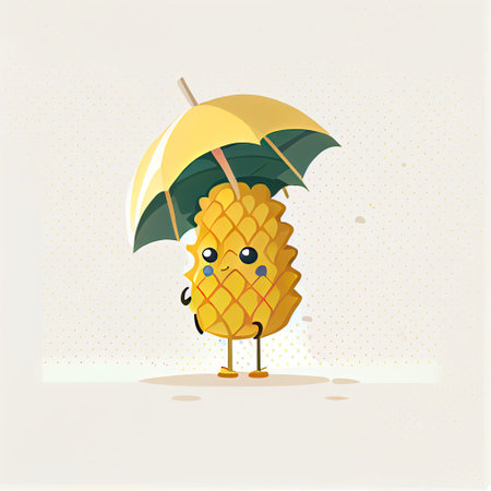 cute pineapple cartoon character standing under an umbrella, cartoon style, modern simple illustrationの写真素材