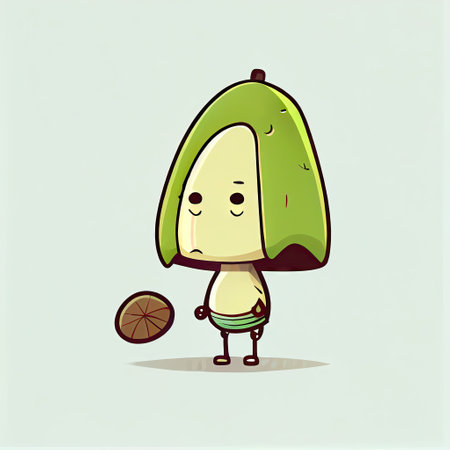 cute pistachio cartoon character standing under an umbrella, cartoon style, modern simple illustrationの写真素材