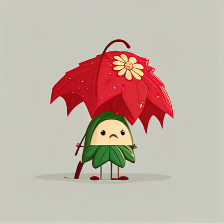 cute poinsettia flower cartoon character standing under an umbrella, cartoon style, modern simple illustrationの写真素材