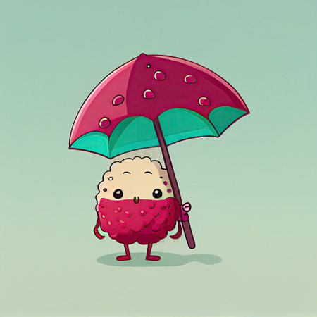 cute raspberry cartoon character standing under an umbrella, cartoon style, modern simple illustrationの写真素材