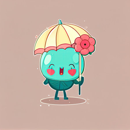 cute rose flower cartoon character standing under an umbrella, cartoon style, modern simple illustrationの写真素材