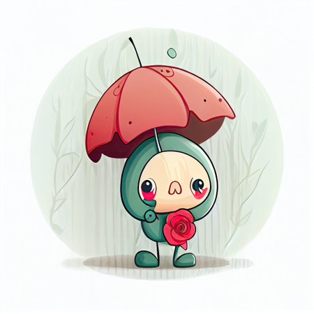 cute rose flower cartoon character standing under an umbrella, cartoon style, modern simple illustrationの写真素材