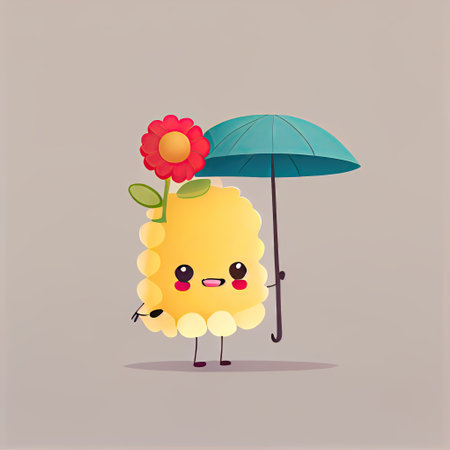 cute snapdragon flower cartoon character standing under an umbrella, cartoon style, modern simple illustrationの写真素材