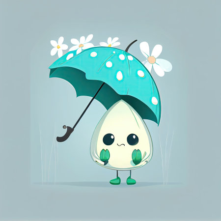 cute snowdrop flower cartoon character standing under an umbrella, cartoon style, modern simple illustrationの写真素材