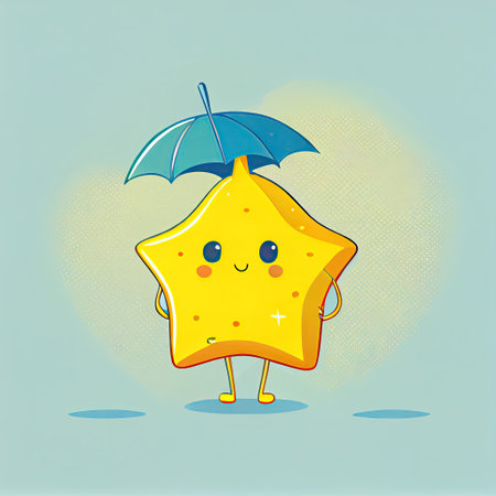 cute starfruit cartoon character standing under an umbrella, cartoon style, modern simple illustrationの写真素材