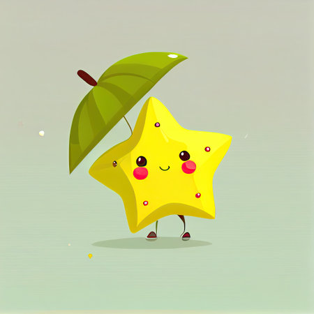 cute starfruit cartoon character standing under an umbrella, cartoon style, modern simple illustrationの写真素材