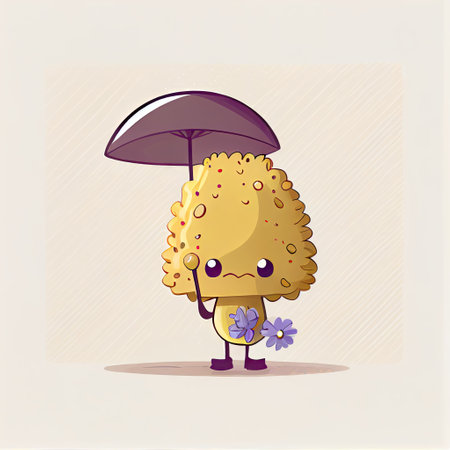 cute statice flower cartoon character standing under an umbrella, cartoon style, modern simple illustrationの写真素材