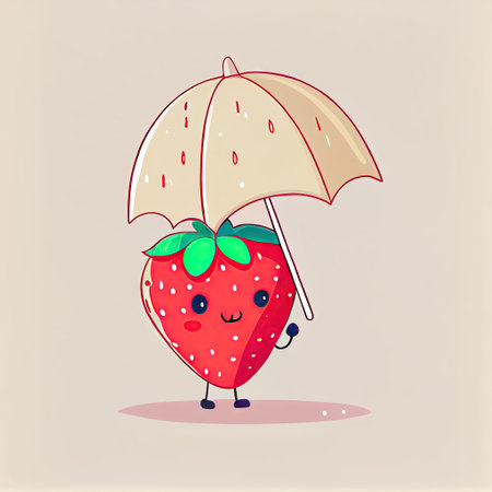 cute strawberry cartoon character standing under an umbrella, cartoon style, modern simple illustrationの写真素材