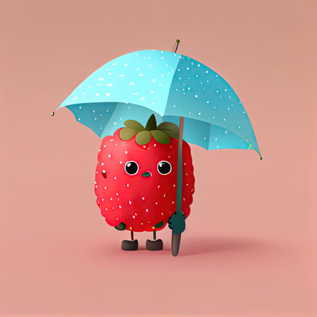 cute strawberry cartoon character standing under an umbrella, cartoon style, modern simple illustrationの写真素材