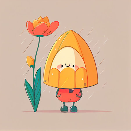 cute tulip flower cartoon character standing under an umbrella, cartoon style, modern simple illustrationの写真素材