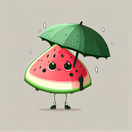 cute watermelon cartoon character standing under an umbrella, cartoon style, modern simple illustrationの写真素材