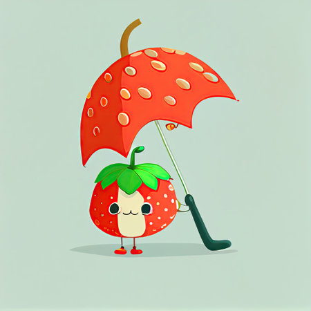 cute wildstrawberry cartoon character standing under an umbrella, cartoon style, modern simple illustrationの写真素材