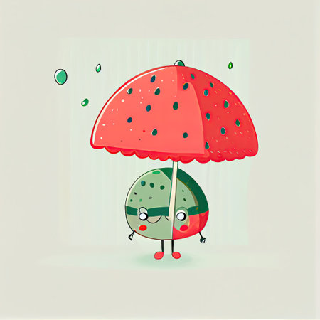 cute watermelon cartoon character standing under an umbrella, cartoon style, modern simple illustrationの写真素材