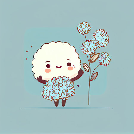 cute babybreath flower cartoon character waving hello to everyone, cartoon style, modern simple illustrationの写真素材