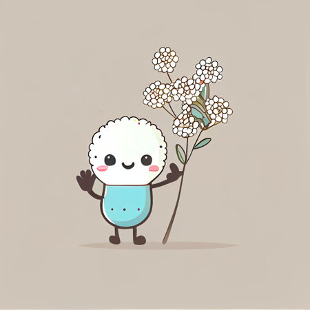 cute babybreath flower cartoon character waving hello to everyone, cartoon style, modern simple illustrationの写真素材
