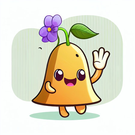 cute bell flower cartoon character waving hello to everyone, cartoon style, modern simple illustrationの写真素材