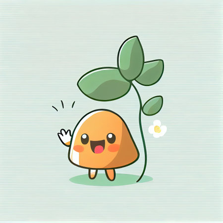 cute bell flower cartoon character waving hello to everyone, cartoon style, modern simple illustrationの写真素材