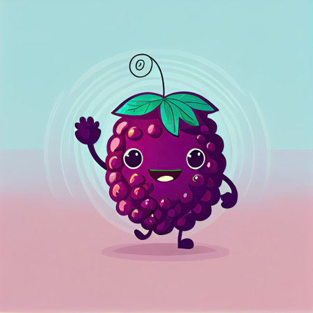 cute boysenberry cartoon character waving hello to everyone, cartoon style, modern simple illustrationの写真素材