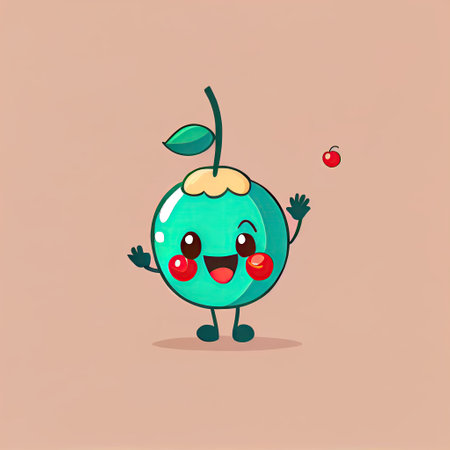 cute cherry cartoon character waving hello to everyone, cartoon style, modern simple illustrationの写真素材