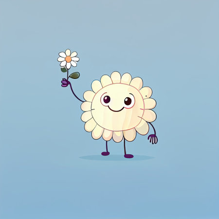cute chrysanthemum flower cartoon character waving hello to everyone, cartoon style, modern simple illustrationの写真素材