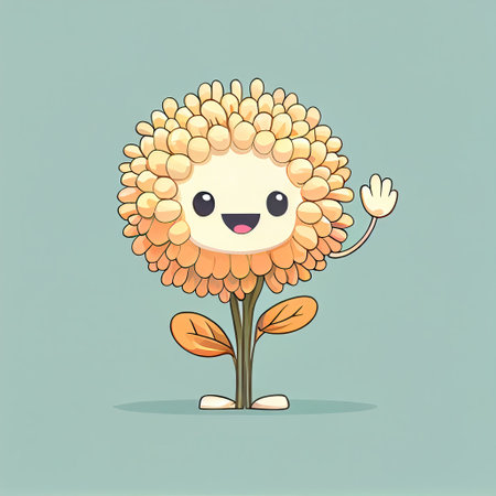 cute chrysanthemum flower cartoon character waving hello to everyone, cartoon style, modern simple illustrationの写真素材