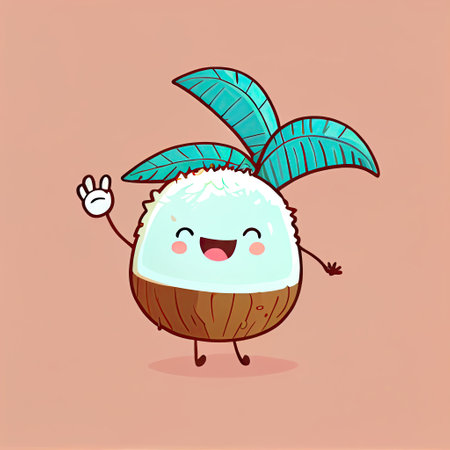 cute coconut cartoon character waving hello to everyone, cartoon style, modern simple illustrationの写真素材