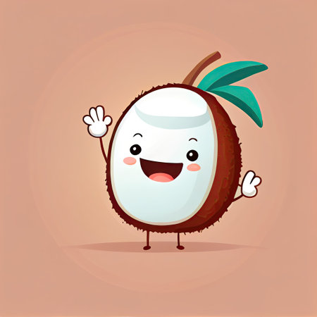 cute coconut cartoon character waving hello to everyone, cartoon style, modern simple illustrationの写真素材