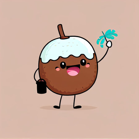 cute coconut cartoon character waving hello to everyone, cartoon style, modern simple illustrationの写真素材