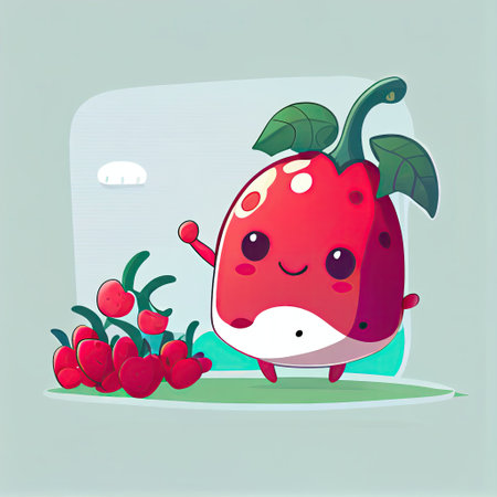 cute cowberry cartoon character waving hello to everyone, cartoon style, modern simple illustrationの写真素材