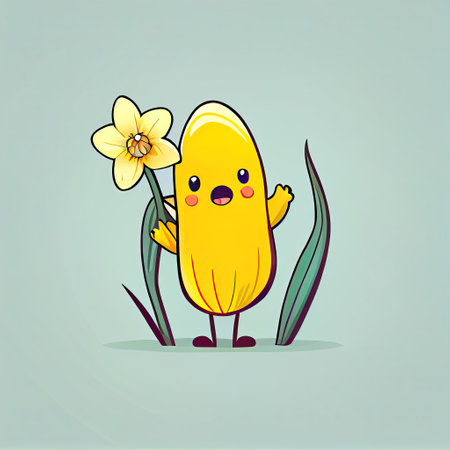 cute daffodil flower cartoon character waving hello to everyone, cartoon style, modern simple illustrationの写真素材