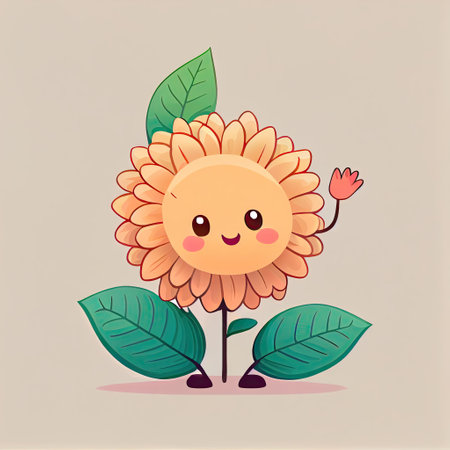 cute dahlia flower cartoon character waving hello to everyone, cartoon style, modern simple illustrationの写真素材