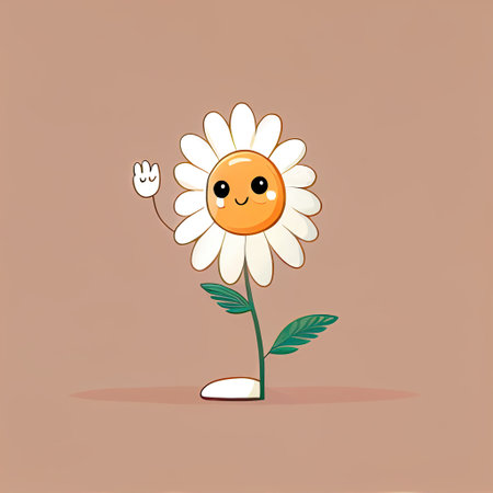 cute daisy flower cartoon character waving hello to everyone, cartoon style, modern simple illustrationの写真素材