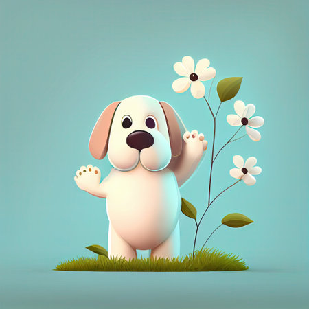 cute dogwood cartoon character waving hello to everyone, cartoon style, modern simple illustrationの写真素材