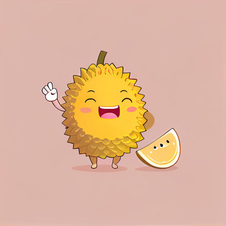 cute durian cartoon character waving hello to everyone, cartoon style, modern simple illustrationの写真素材
