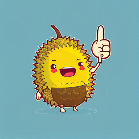 cute durian cartoon character waving hello to everyone, cartoon style, modern simple illustrationの写真素材