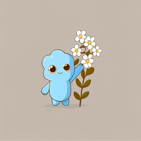 cute forget-me-not flower cartoon character waving hello to everyone, cartoon style, modern simple illustrationの写真素材