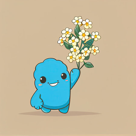 cute forget-me-not flower cartoon character waving hello to everyone, cartoon style, modern simple illustrationの写真素材