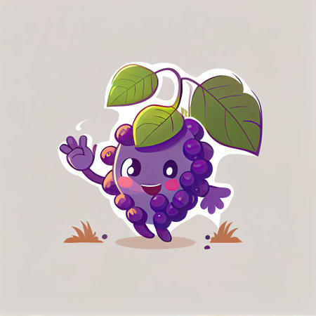 cute grape cartoon character waving hello to everyone, cartoon style, modern simple illustrationの写真素材