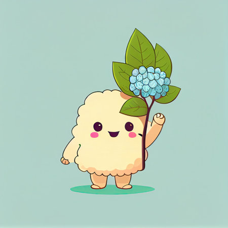 cute hydrangea flower cartoon character waving hello to everyone, cartoon style, modern simple illustrationの写真素材