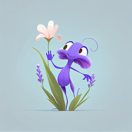 cute iris flower cartoon character waving hello to everyone, cartoon style, modern simple illustrationの写真素材