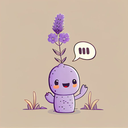 cute lavender flower cartoon character waving hello to everyone, cartoon style, modern simple illustrationの写真素材