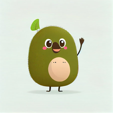 cute kiwi cartoon character waving hello to everyone, cartoon style, modern simple illustrationの写真素材